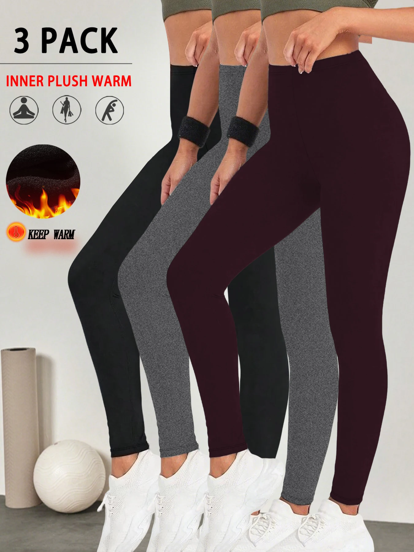 

3 pack Plus size Thermal yoga leggings. Women's Low Rise design ideal for winter workouts and staying warm in cold climates