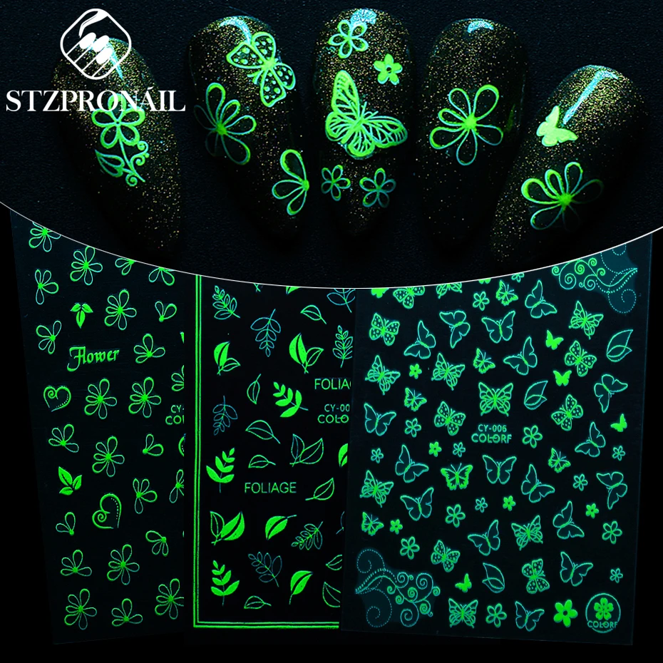 Butterfly Luminous Effect Nail Sticker Leaf Flower Dragonfly Glow In The Dark Glitter Decal 3D Green White Slider SLCY001-009