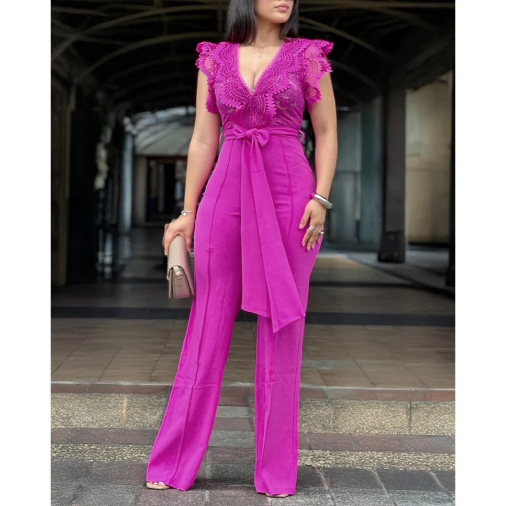 V Neck Scallop Trim Sleeve Lace Patchwork Bow Tie Waist Women Jumpsuits Summer Casual Seam Front Zipper Back Wide Leg Jumpsuit