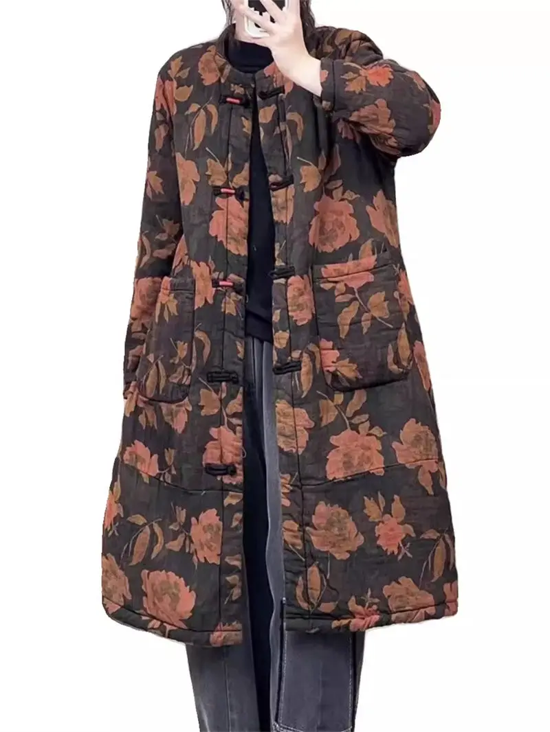 Winter Women Jackets 2024 Chinese Style Retro Plate Buckle Printed Cotton Clothing Medium Long Ethnic Warm Quilted Coat K1851