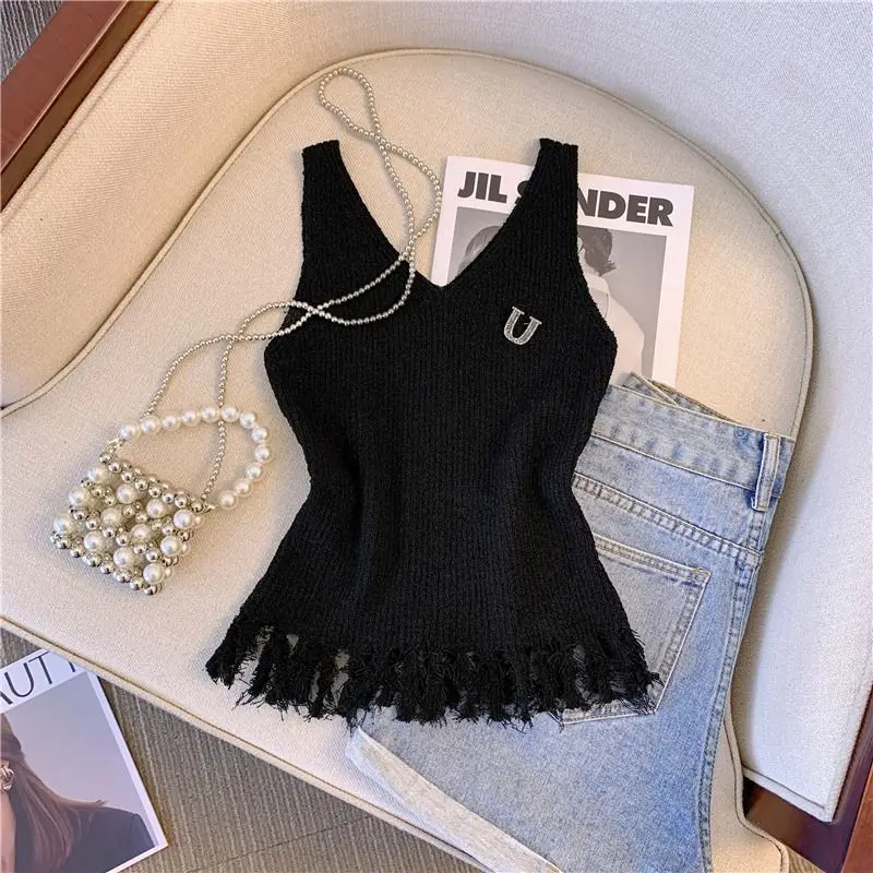 French Style Tassel Knit Tank Top Outside Summer New Slim Fitting Slimming Vest Top for Women Clothes