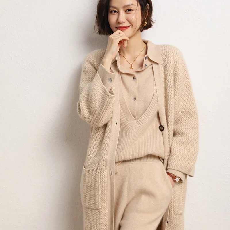 Hot Sale 2024 Autumn Winter New 100% Cashmere Cardigan Sweater Women\'s Solid Color Thicken Fashion Long Coat Female Long Sleeve