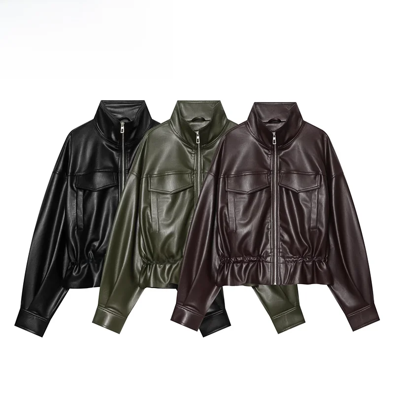 Fall New Style ZR Women's Fashion Leather Effect Jacket Stand Collar Waist Cinched Windproof Short Outerwear for Ladies