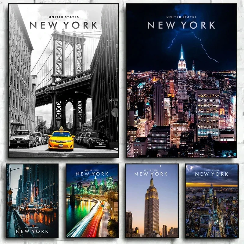 Pintura en lienzo con vista nocturna de la ciudad de Nueva York, cuadro artístico de pared, carteles de paisaje e impresiones
