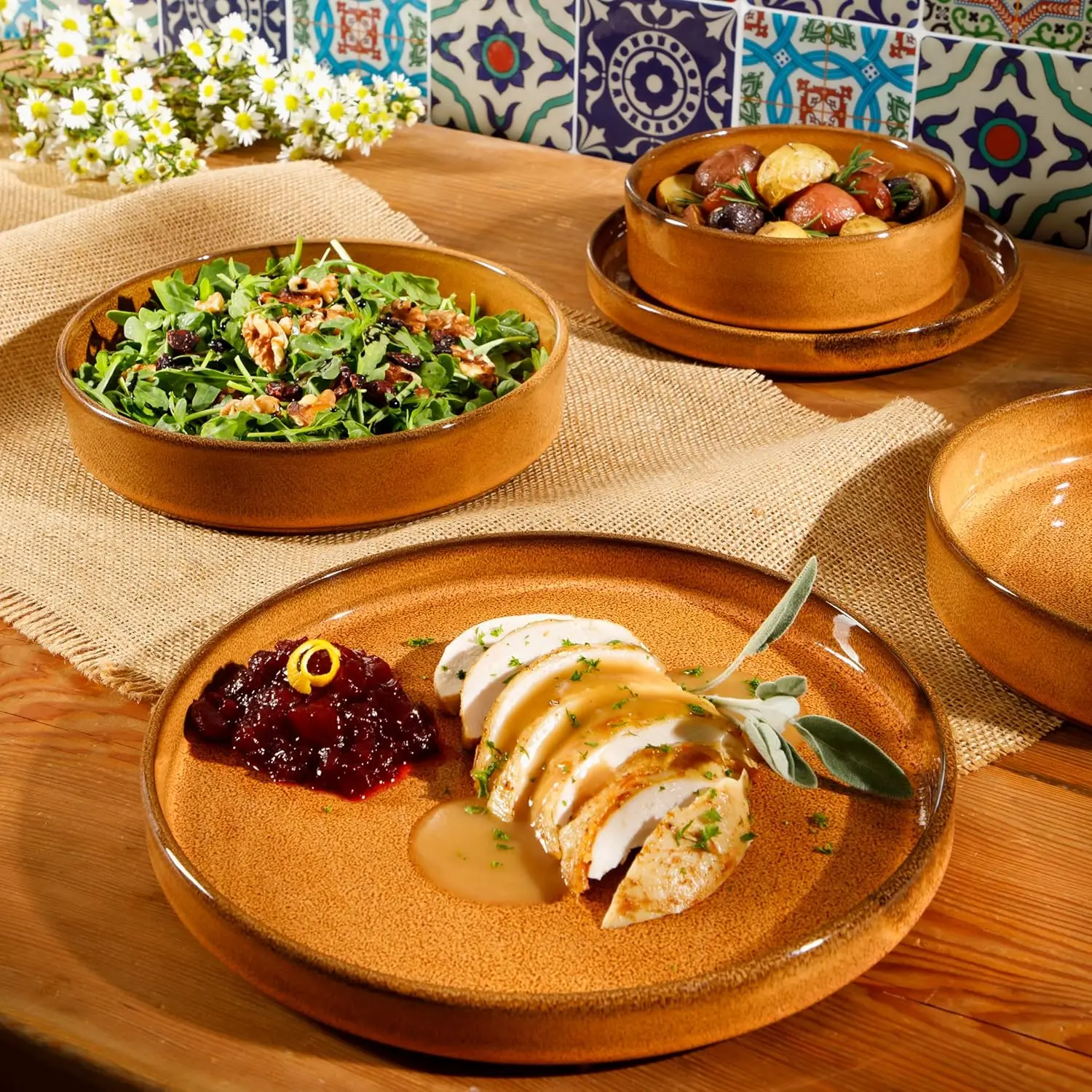 Favorite Things - Santorini Mist Double Bowl Terracotta Reactive Glaze Plates and Bowls Dinnerware Set - Amber