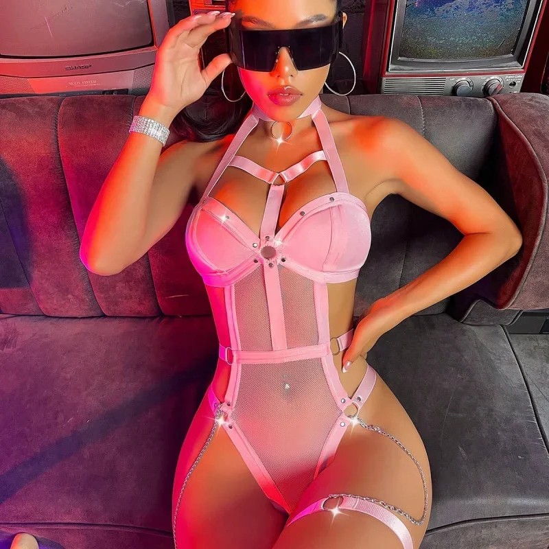 Body in lingerie sexy monopezzo modellante per il corpo abbinato con catena in metallo a rete bikini