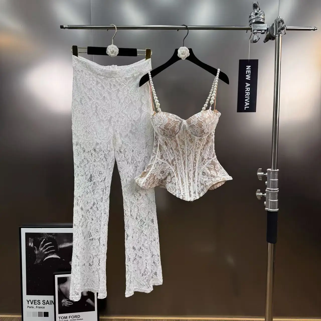 Spring New Items Pearl Strap Puff Strap Camisole Slim Fit Lace Hollow Long Pants Two-Piece Set Women High Street Pant 2 Pcs Set