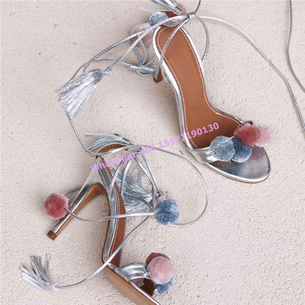 

Fur Ball Ankle Band Sandals Fringe Straight Strap Cross Tied Lace Up Silvery Gold Shoes Luxury Niche Design Elegant Lovely Shoes