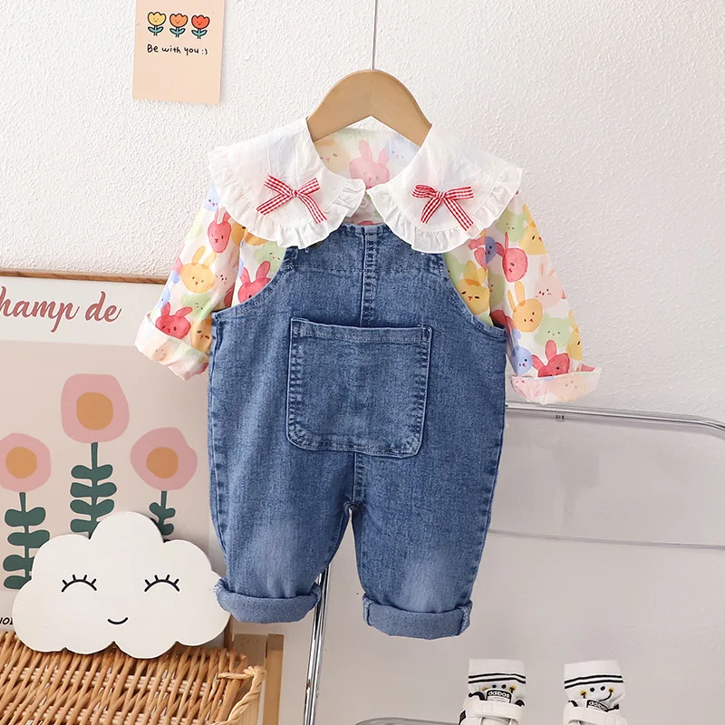 

Baby Girl Fall Infant Clothes 2023 Cartoon Turn-down Collar Long Sleeve Shirts and Overalls Childrens Girls Boutique Outfit Set