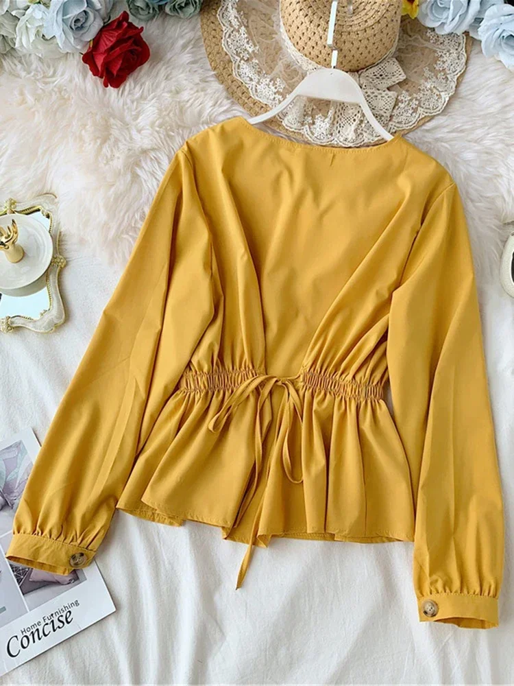 Women\'s Spring Autumn Blouse Korean Style V-neck Pleated Single-breasted Shirt New Wild Loose Thin Long-sleeved BlouseTops LL337