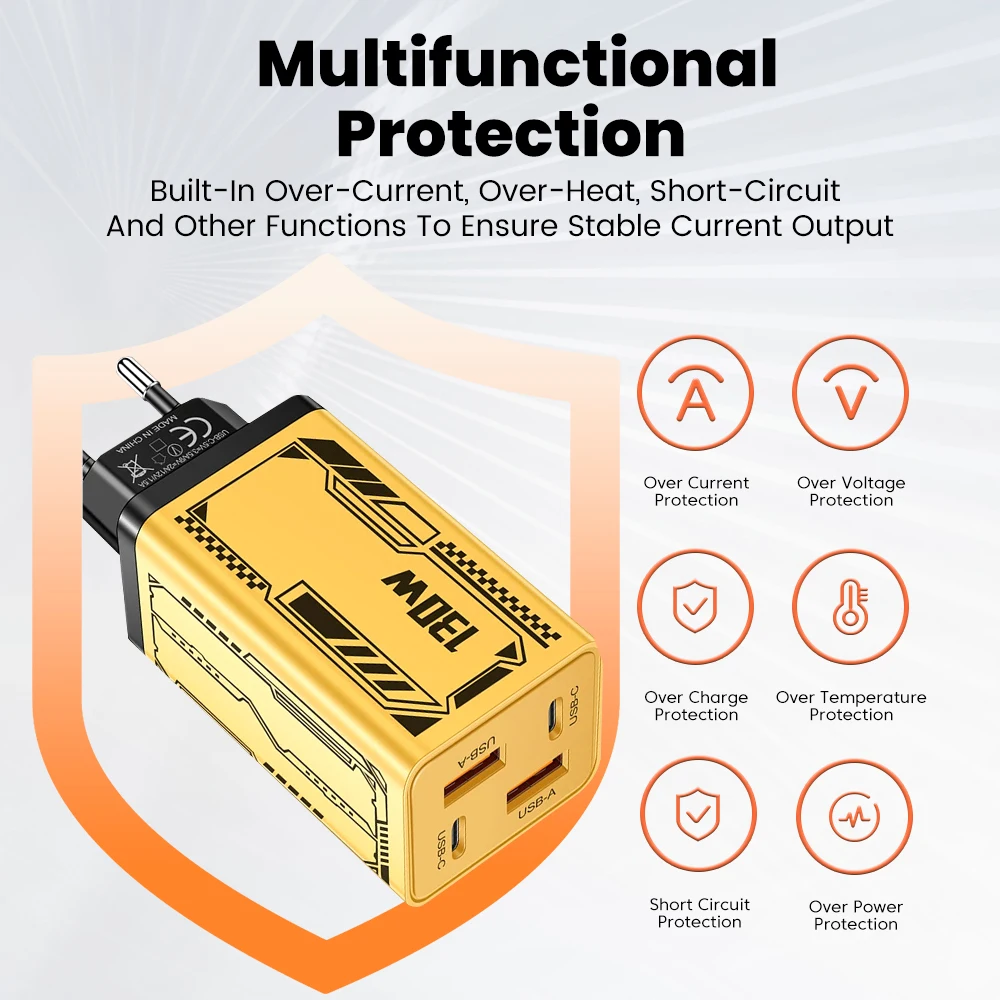 Elough 2USB C 2USB A 130 واط شحن سريع شاحن الهاتف نوع C شحن الاتحاد الأوروبي/الولايات المتحدة محول آيفون 16 15 هواوي Xiaomi POCO