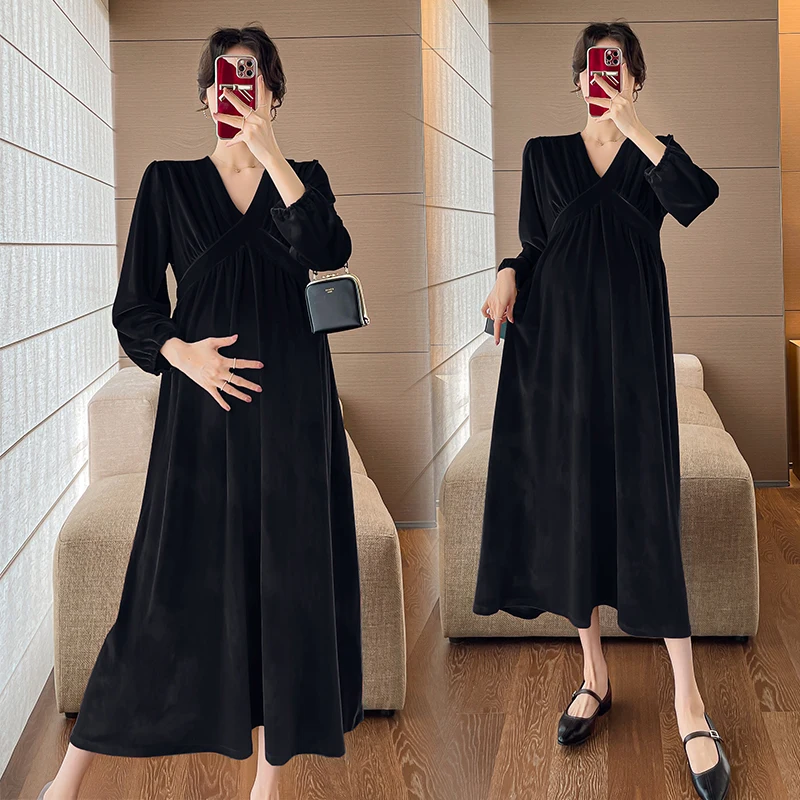 Winter Maternity Basic Dress Long Sleeve V-neck Elegant Pregnant Woman Velour Dress Plus Size Pregnancy Party Dress Black Red