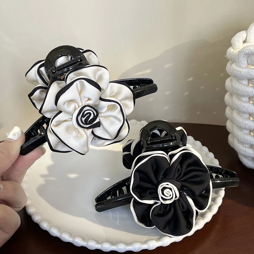 

NEW French Camellia Hair Claw 13CM Large Claw Clips Crab Hair Clips Rolled Edge Camellia Scrunchies Hair Accessories for Women