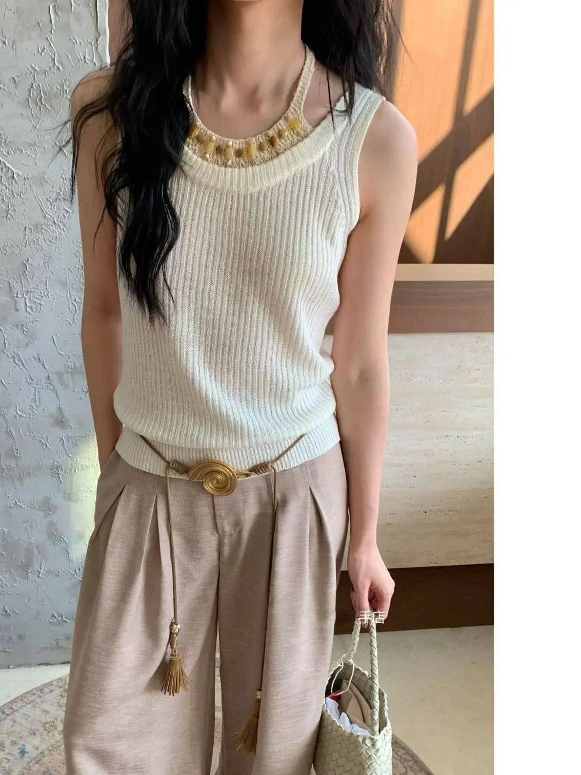 

Shanghai Version Knitted Vest Women's Outerwear Retro Beaded Tie Dye Knit Tank Top Korean Style Hollow out Polyester Fiber