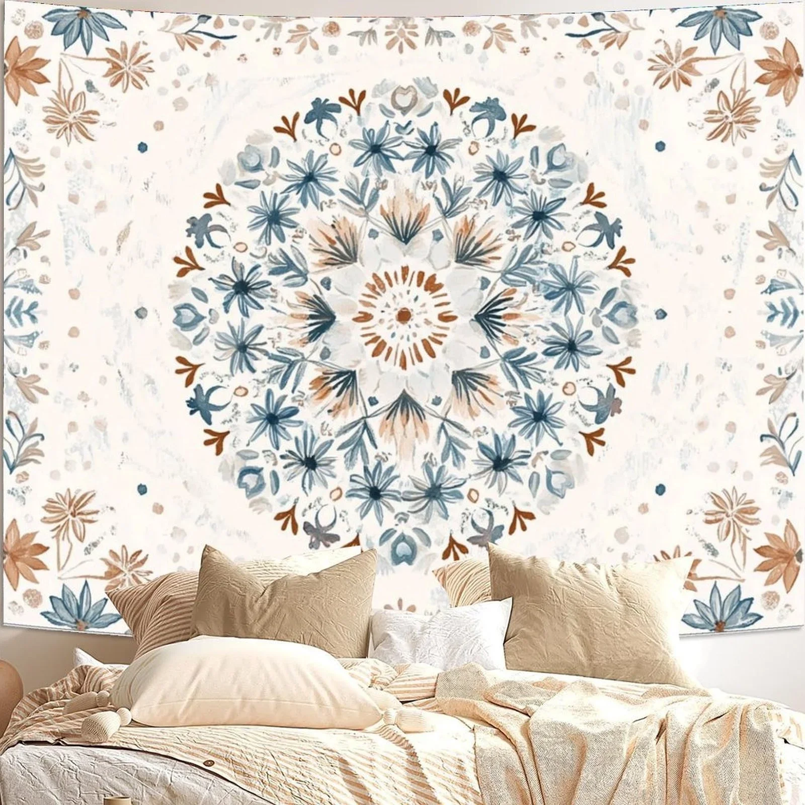 Bohemian Floral Mandala Tapestry Digital Print Polyester Wall Hanging Living Room Bedroom Dorm Decor With Hooks