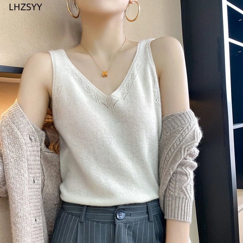 LHZSYY New 100%Pure Wool Vest Ladies First Line Garment V-Neck Hollow-out Camisole Four Seasons Lnside knit Sling Sleeveless Top