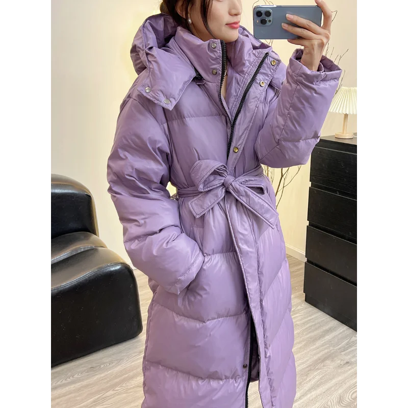 Women\'s Down Jacket Winter Casual Thick Warm Long Parka with Adjustable Hooded Down Jacket with Sashes Puffer Coat Ladies Snow