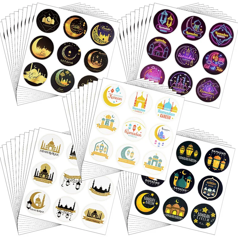 90pcs Eid Mubarak Candy Cookie Box Bag Self-Adhesive Sticker Ramadan Gift Sealing Labels Muslim Eid Al-Fitr Party Label Sticker