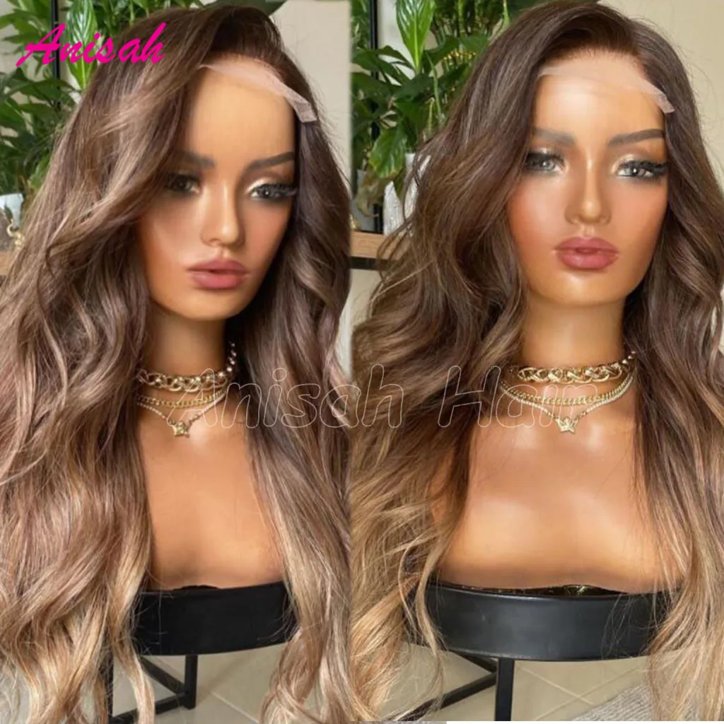 Perruque Lace Front Wig naturelle ombrée, cheveux humains, brun, blond, balayage, 13 tage, transparent HD, pour femmes