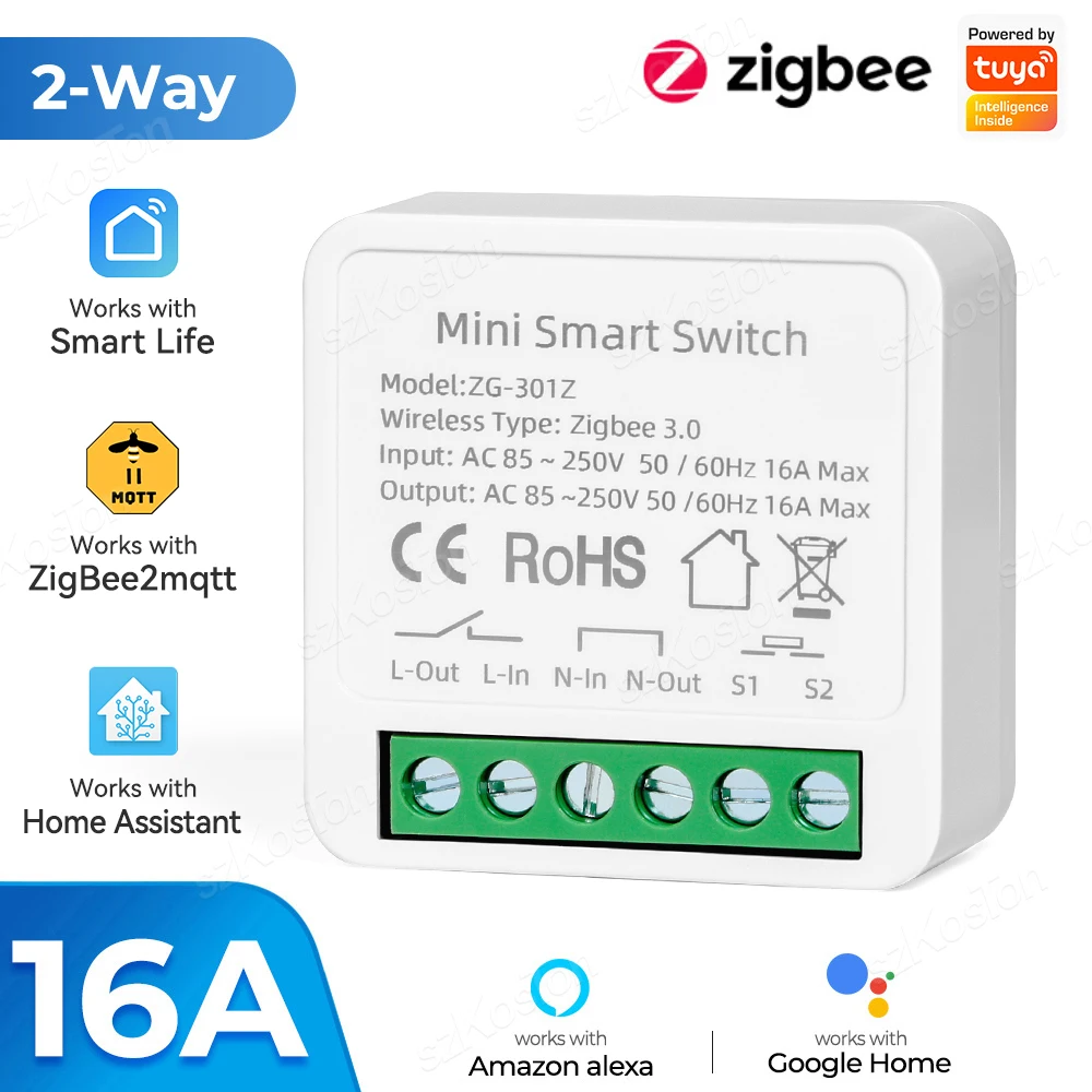 16A Tuya Zigbee3.0 MiNi Smart Switch 2-way Control Timer DIY Breaker Relay Module Work with Alexa Google Home 2MQTT