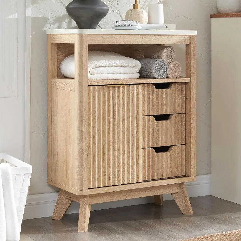 Bathroom Floor Cabinet with Sliding Door, Modern Fluted 3 Drawers Storage Organizer w/Adjustable Shelf and Faux Marble Top