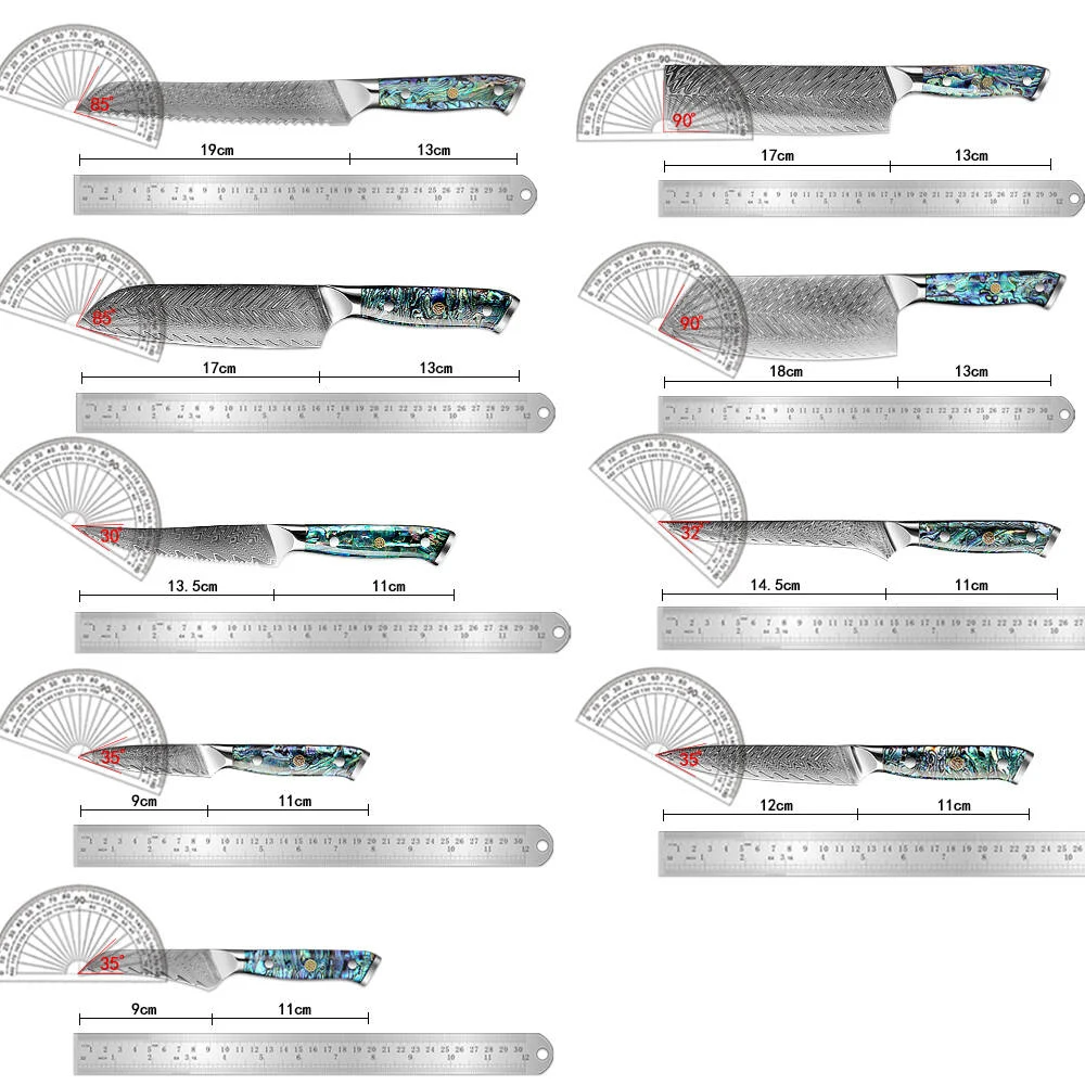 Japanese Kitchen Knives Set 1-9pcs, Abalone Shell Acrylic Handle, Damascus Steel Sharp Chef, Cleaver,Boning,Fruit Cooking Knife