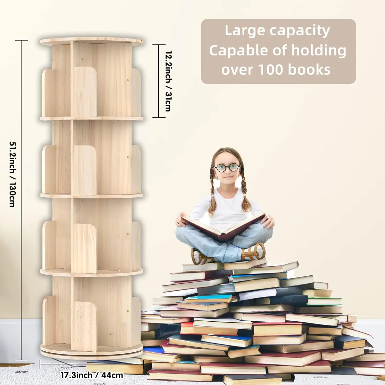 Bookshelf Tower, 360 Display Spinning Bookshelf, 4 Tier Revolving Bookcase for Kids&Adults, Rotating Bookcase for Bedro