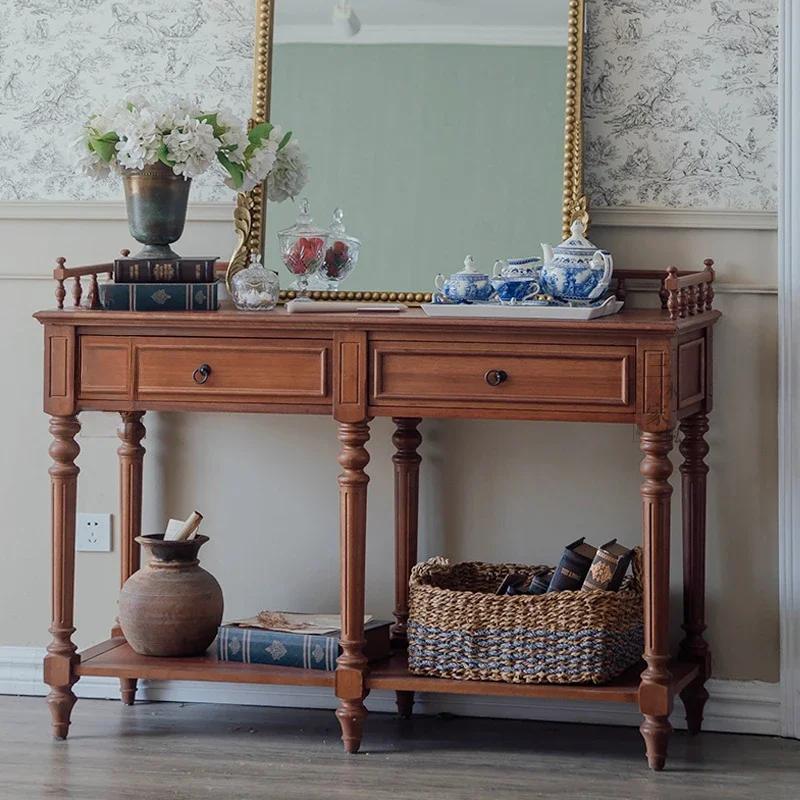 American style solid wood foyer table, antique side table drawer, living room double-layer side cabinet storage rack, home