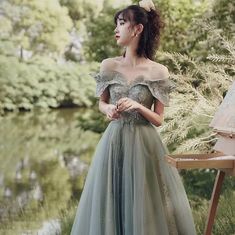 4 أنماط بسيطة فساتين وصيفة الشرف على شكل حرف a قبالة الكتف أنيقة يزين طويل تول كوكتيل رداء حفلات أعياد الميلاد للنساء