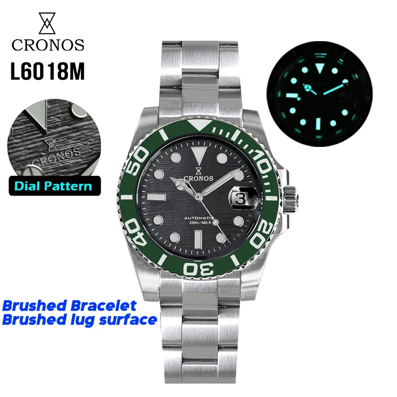 

Cronos 40mm Diver Wacth PT5000 Automatic Ceramic Bezel Sapphire Crystal 20Bar Brushed Strap Men Luxury Mechanical Watch L6018M