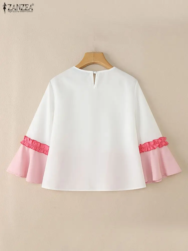 Elegant Ruffled Office Blouse ZANZEA Summer Women Tops Stylish 3/4 Flare Sleeve Work Shirt Patchwork Cropped Femme Tops Tunic