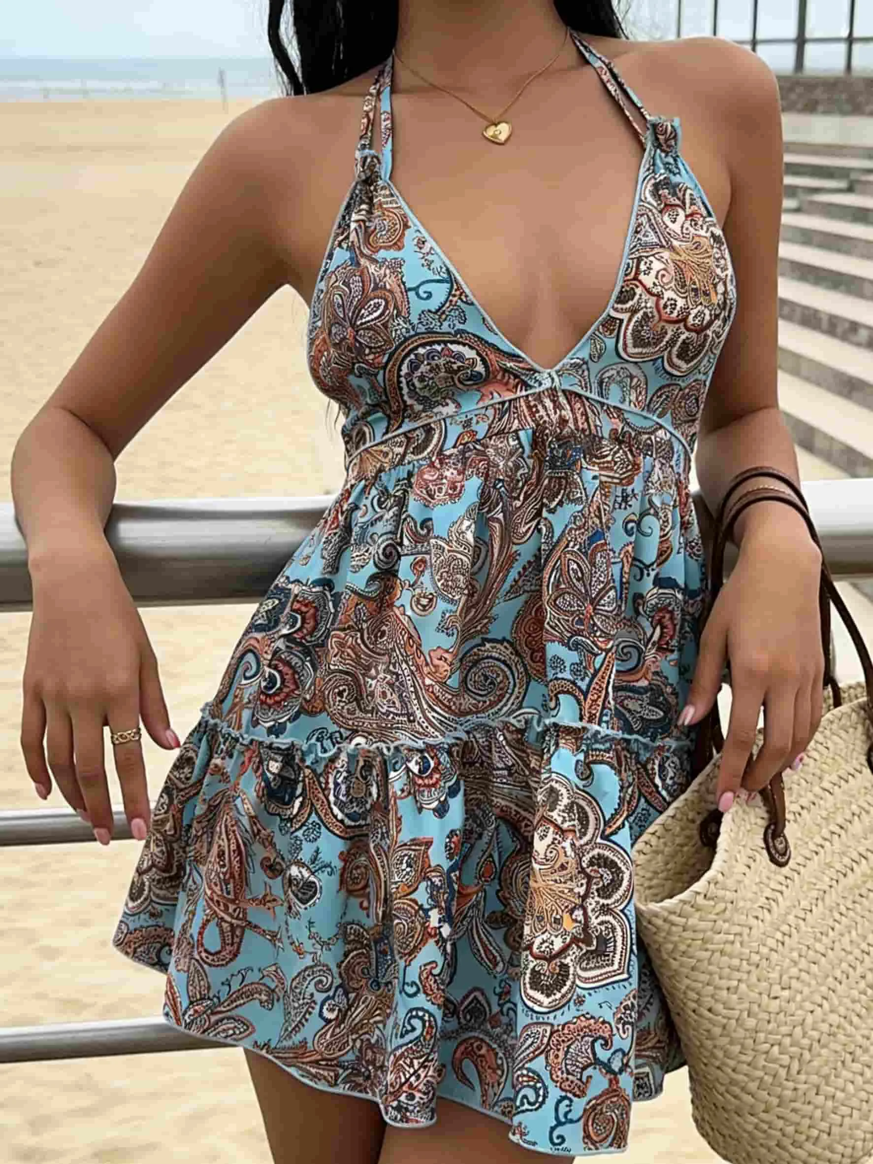Sexy Deep V Neck Backless Sexy Dresses Women's Boho Paisley Pattern Halter Chic Ruffle Mini Dress Vacation Beach Wear