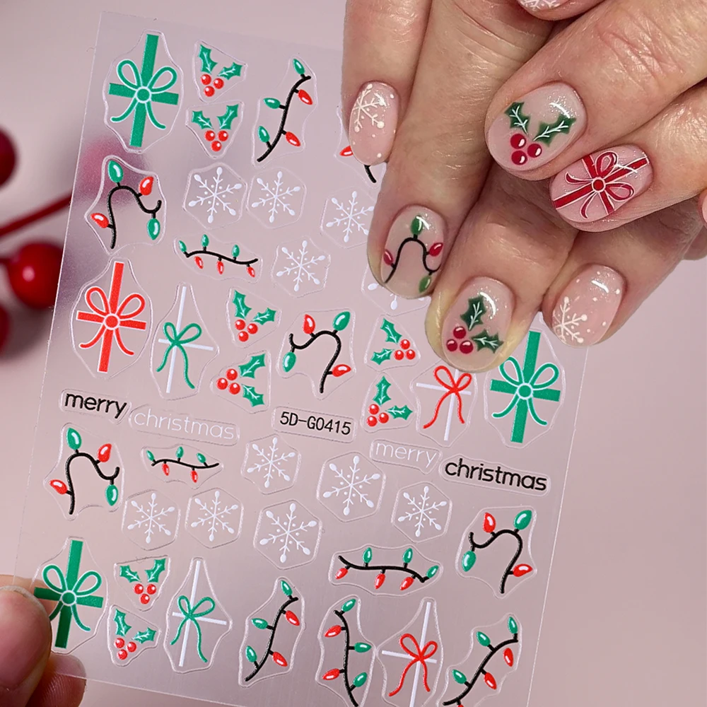

5D Snowflake Ribbon Bow Christmas Nail Sticker Holly Leaf Colorful Light Xmas Nail Decals Winter New Year Christmas Nail Decorat