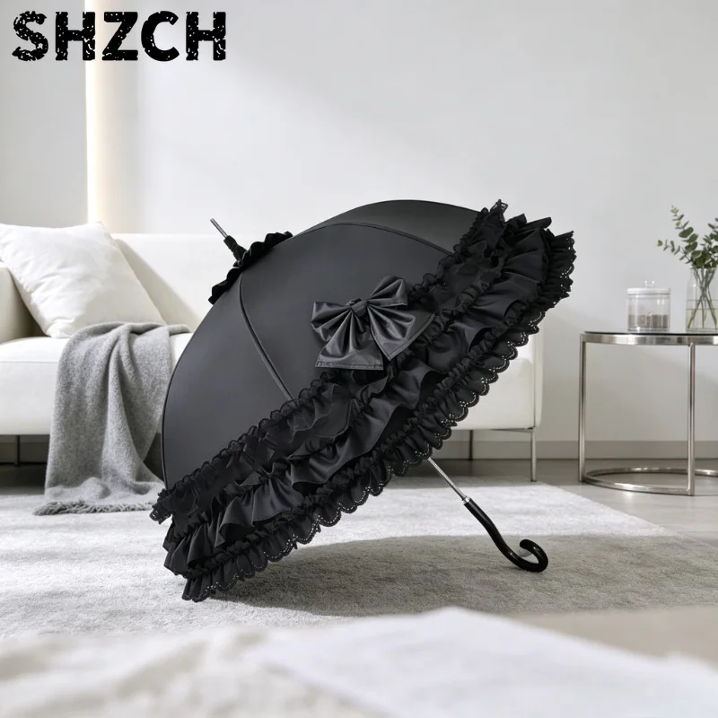 Lolita Arch Birdcage Umbrella, Vintage Lace Parasol for Princess Girls, Frilly Sun Rain Canopy Cover with Ruffled Trim.