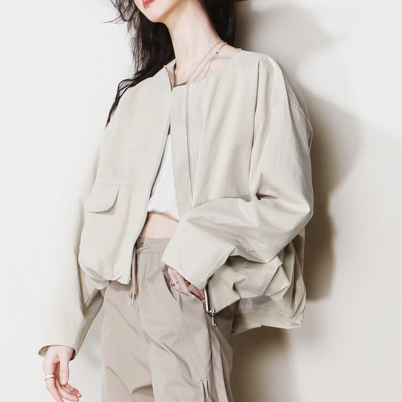 Women Casual Bomber Jacket With Ruched Hemline