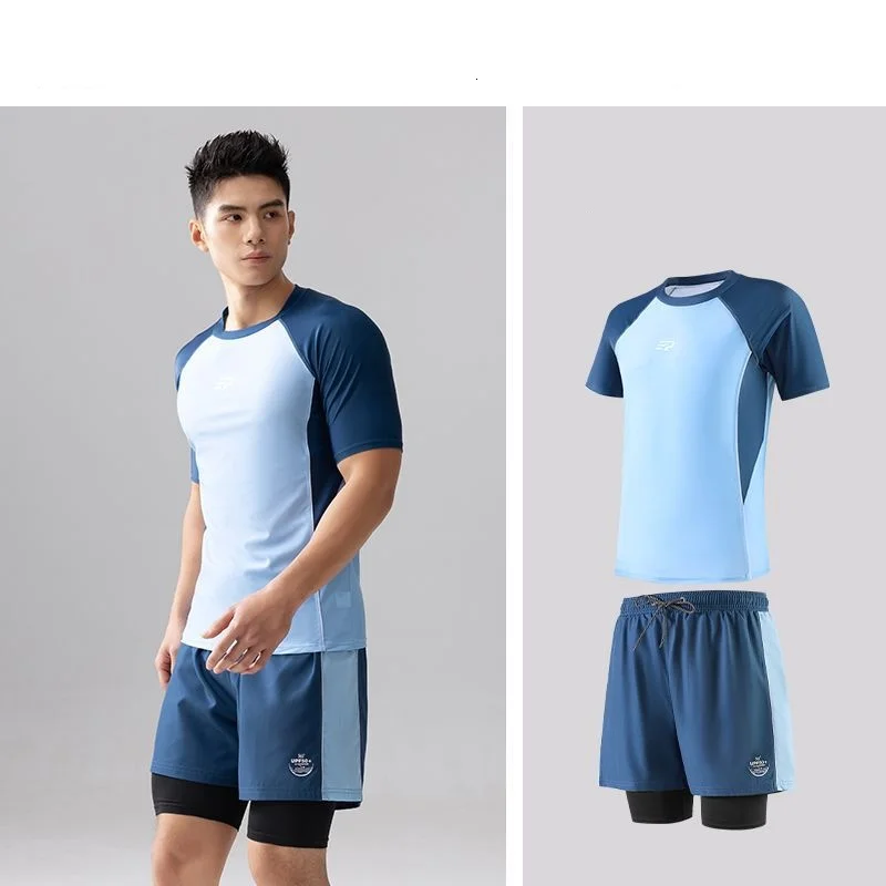 

Мужские UPF50 + водонепроницаемые пляжные рубашки для плавания с короткими рукавами из двух предметов, быстросохнущие спортивные шорты для купания, спортивные шорты для рашгарда