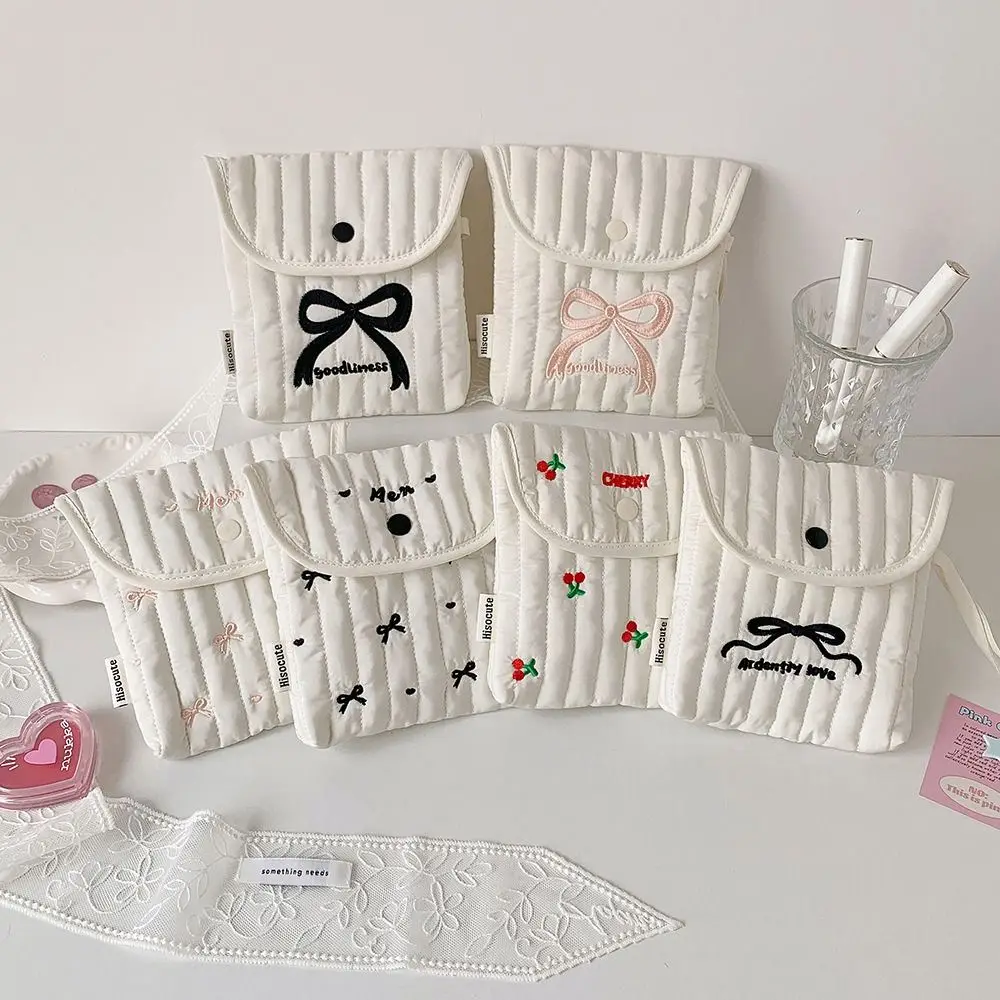 Large Capacity Embroidery Cherry Cosmetic Bag Menstruation Towel Storage Bowknot Bow Makeup Bag Cotton Cloth Purse