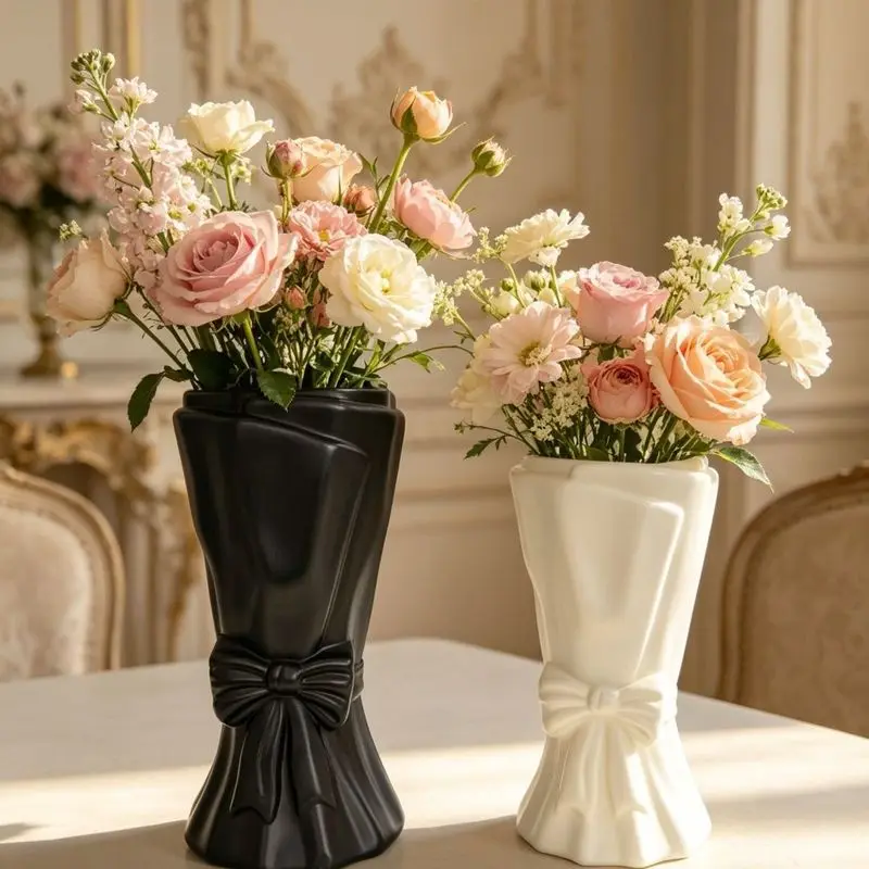Nordic creative bow-shaped plastic imitation ceramic vase, high-end luxury floral decoration for living room