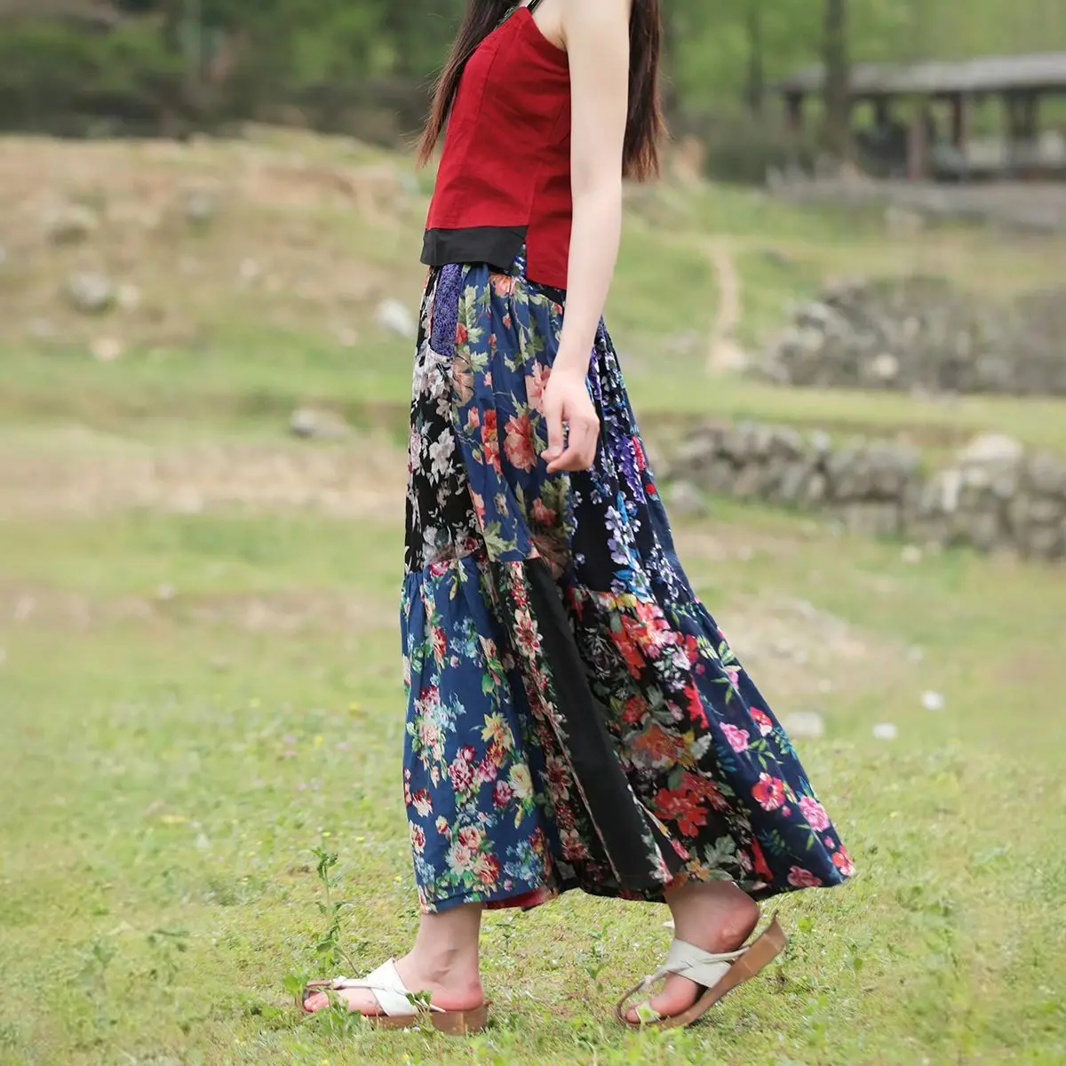 تنورة LZJN للسيدات صيفية مرقعة من القطن بنمط عرقي، خصر مرن، متعثرة، نصف تنورة مريحة، نمط عطلة الشاطئ #5