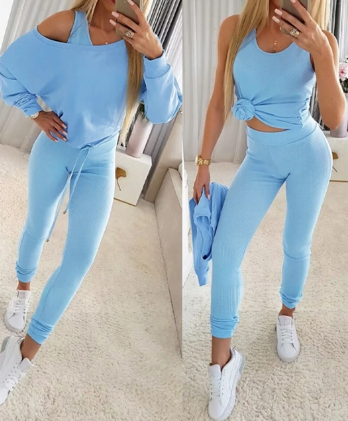 

Early Autumn Women's Three Piece Set of Long Pants, Threaded Vest, Slanted Collar, Drawstring Hem Top, and Slim Fit Pants