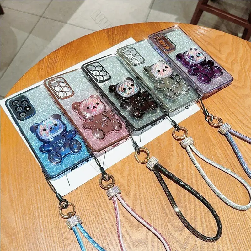 Reno7 Reno2 Reno3 Diamond Strap Glitter Bear Phone Holder Case On For Oppo Reno 7 2 Z 2Z 3 4 5 5K 6 6Z SE Pro 4G 5G Stand Cover