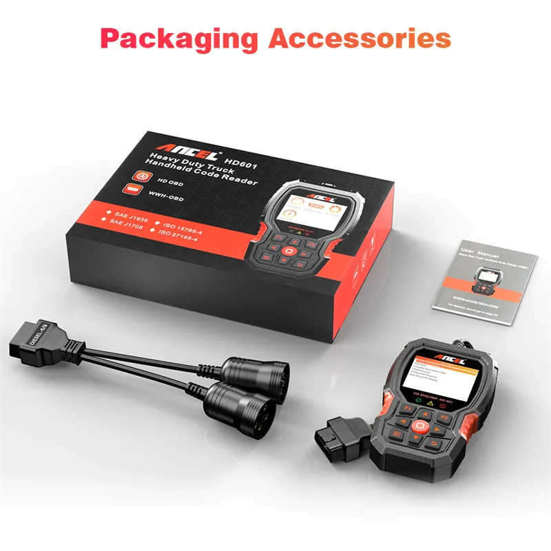 Hot ANCEL HD601 OBD2 Code Reader Engine Tester OBD2 Truck Scanner Tool 24V Heavy Duty Truck Diagnostic With 6pin+9pin interface