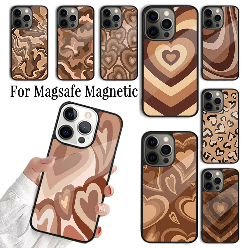 Phone Case For iPhone 16 15 14 13 12 Mini 11 Pro Max Plus Magsafe Magnetic Wireless Charging Cover Latte Love Tunnel Brown Heart