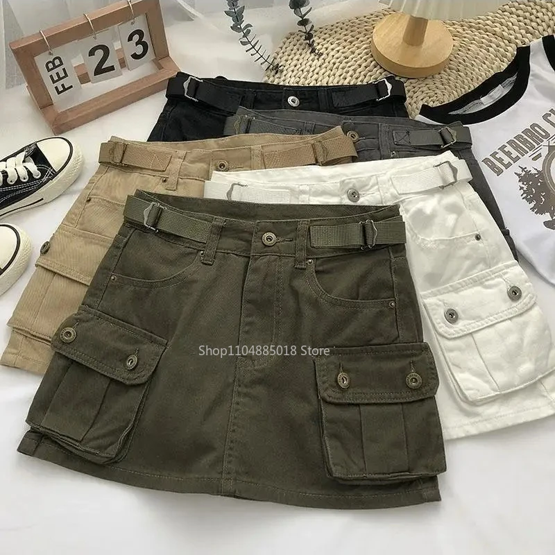 

Vintage Denim Cargo Skirts Women Chic High Street 4-colors All-match Summer Hotsweet Ins Pockets Mini A-line Faldas Sexy College