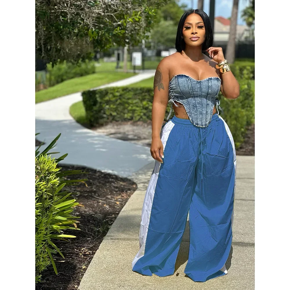 Vintage Women Striped Straight Drawstring Basic Wide Leg Pants 2026 Casual Sporty Holiday Jogger Sweatpants Trousers