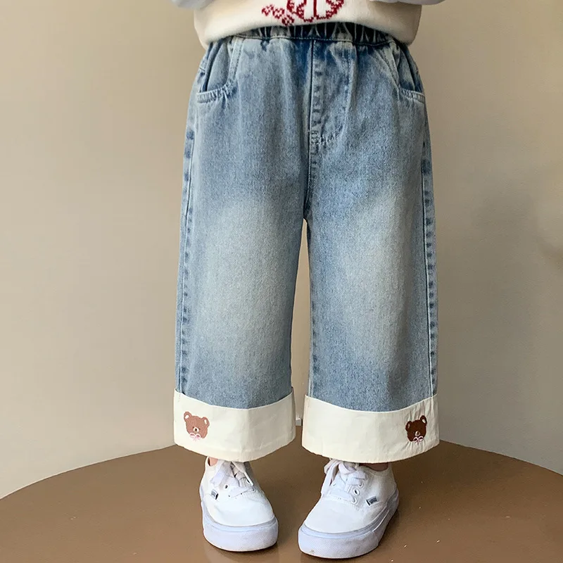 

Джинсы UNITIM для девочек-подростков с вышивкой медведя, детские джинсовые брюки для малышек, с эластичной талией, прямые штаны для девочек