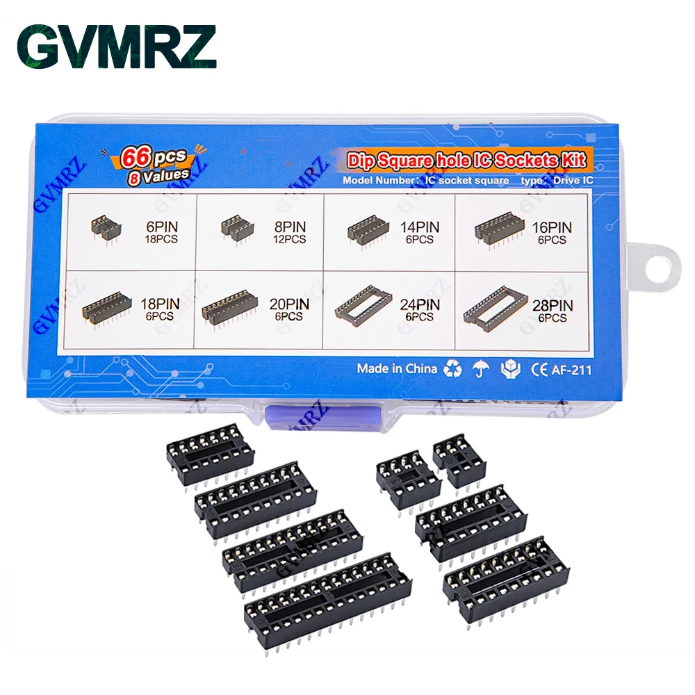 66PCS/lot with Box DIP IC Sockets Adaptor Solder Type Socket Kit 6 8 14 16 18 20 24 28 Pin DIP-6 DIP-8 DIP-14 IC Connector