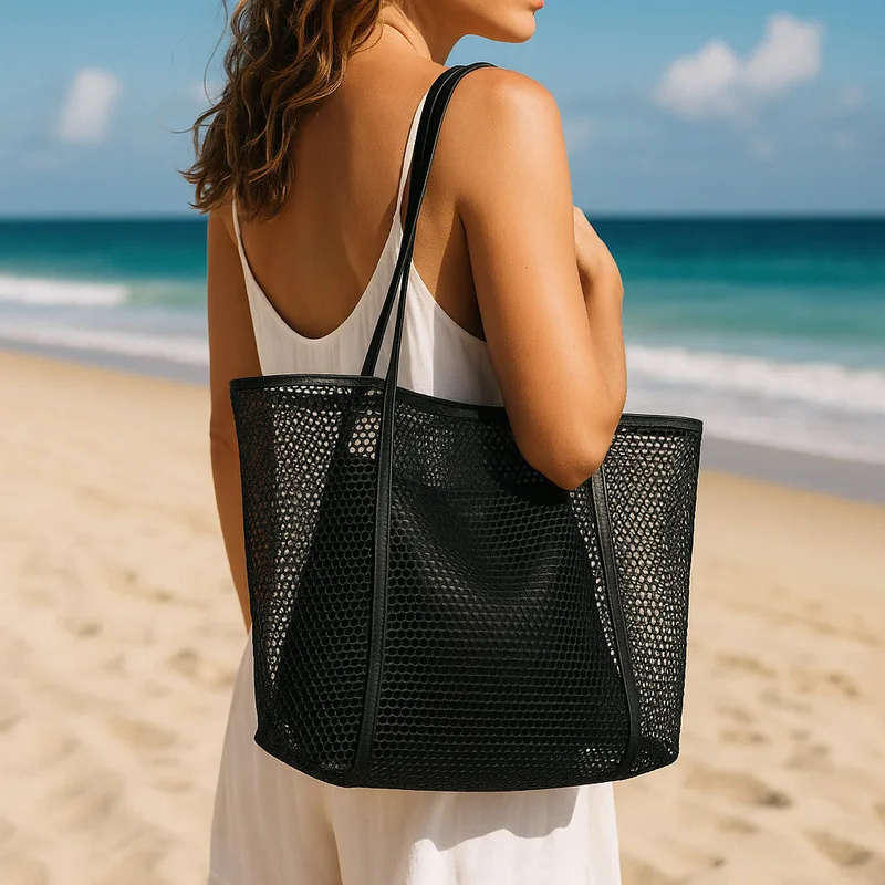 

Beach Mesh Handheld Wash Bag Women's Shoulder Bag Folding Large Capacity Beach Storage Bag Shopping Bag