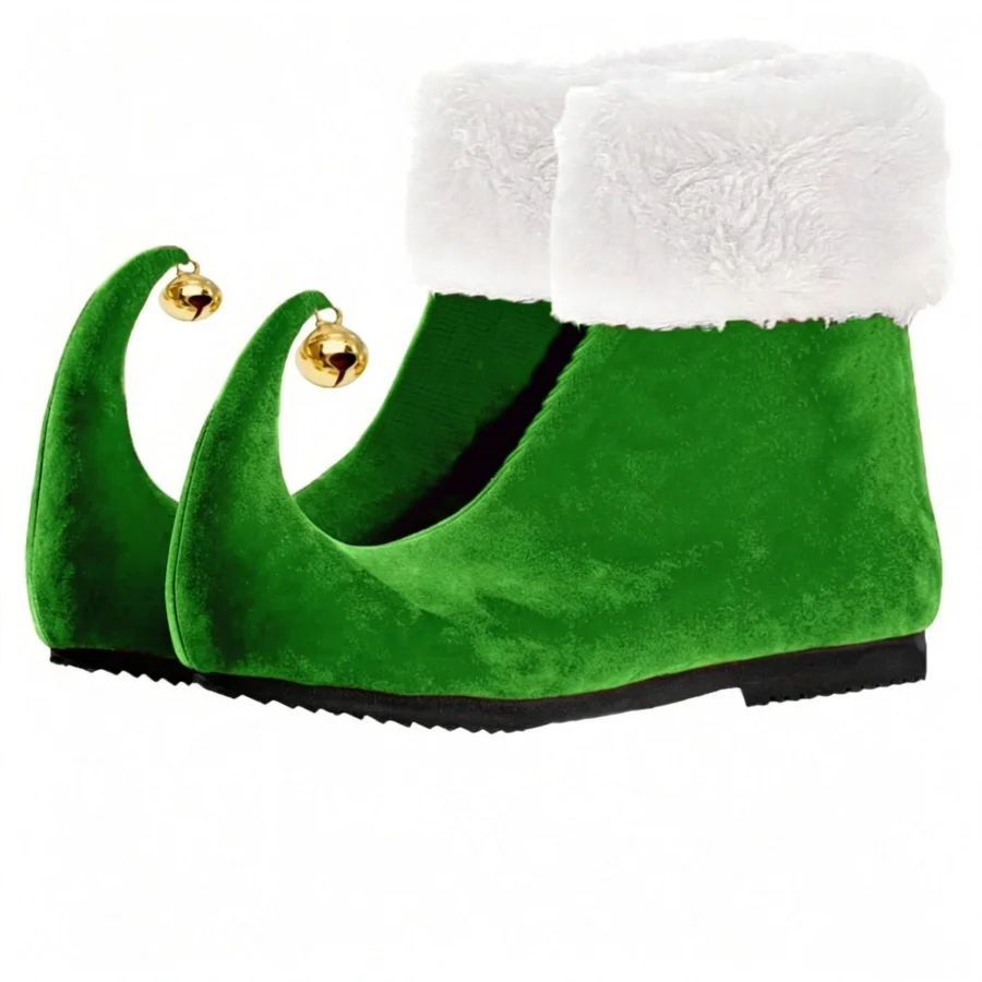 Unisex Red Green Christmas Elf Ankle Boots Curved Pointed Toe Gold Bell Fur Collar Flat Shoes Halloween Cosplay Party Footwear