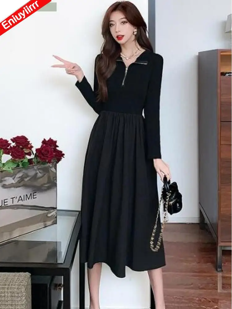 حار مبيعات النساء الشتاء الربيع الأساسية ارتداء Feminine Vestidos الفرنسية أسود طويل أنيق الرجعية Vintage نصف الياقة المدورة تي شيرت فستان